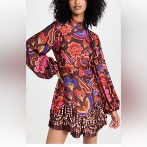Farm Rio Silk Floral Long Sleeve Dress Medium